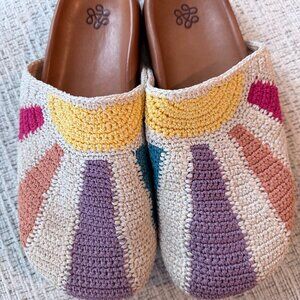 The Sak Crochet Sunburst Mules in Cream with Yellow, Purple, Blue & Coral Size 8